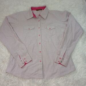 Aura Wester Wrangler Pink and White Plaid Shirt Sz Medium Pearl Bottom
